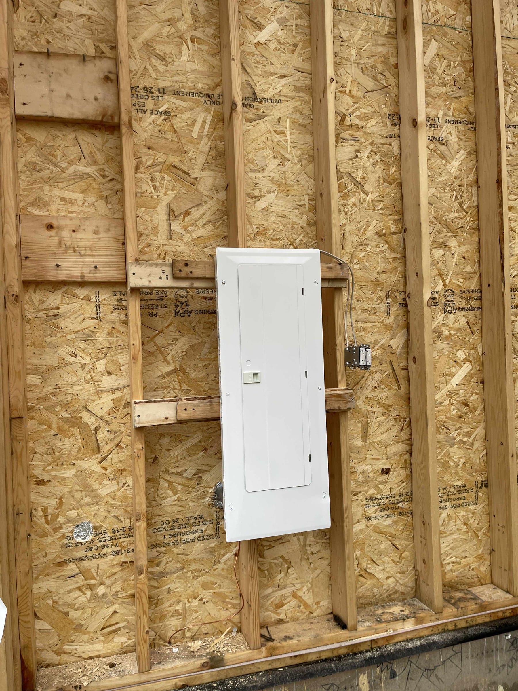 Electrical panel mounted on the framing of a new house, before drywall