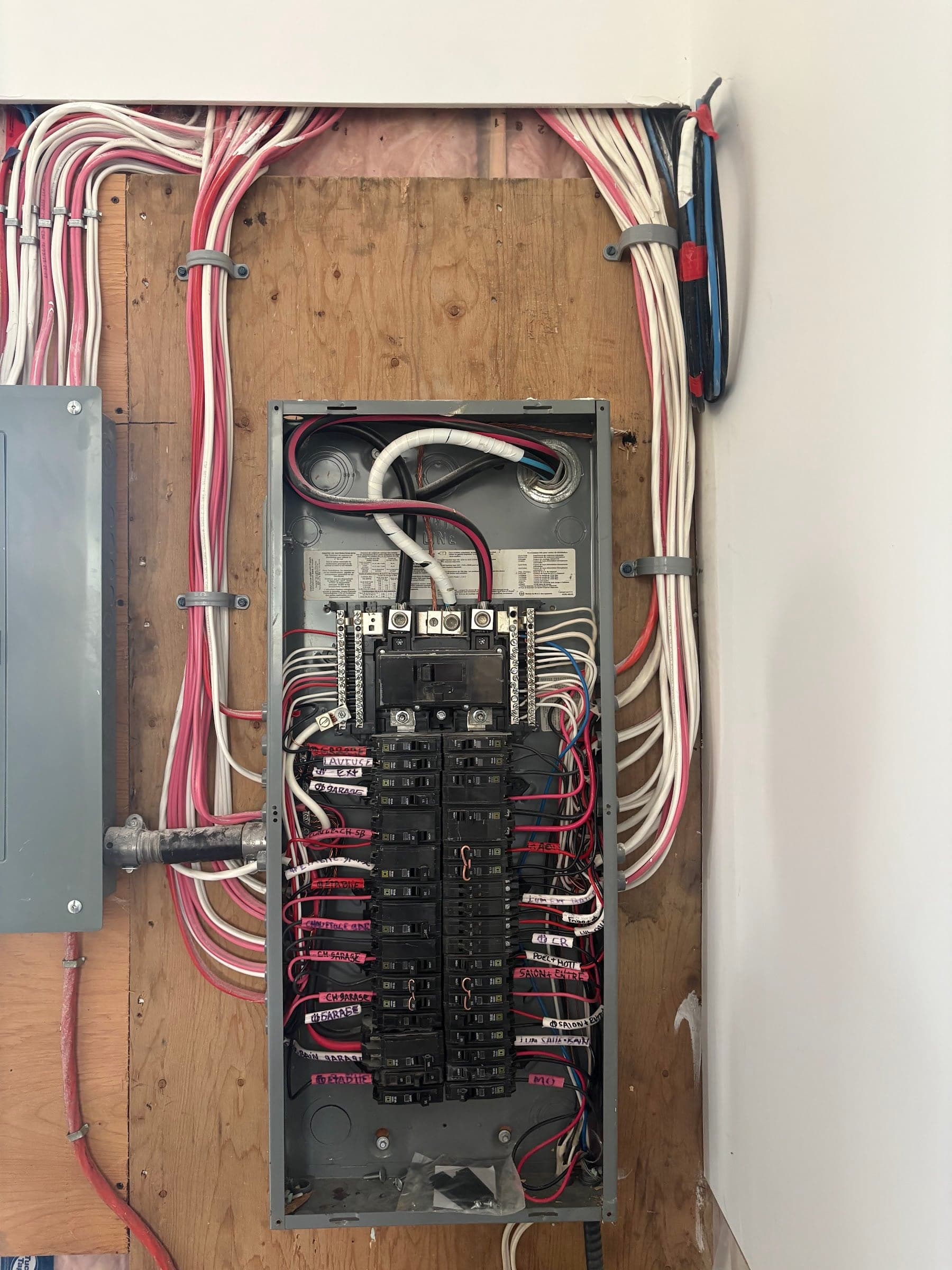 Open residential electrical panel with tidy wiring and labelled circuits